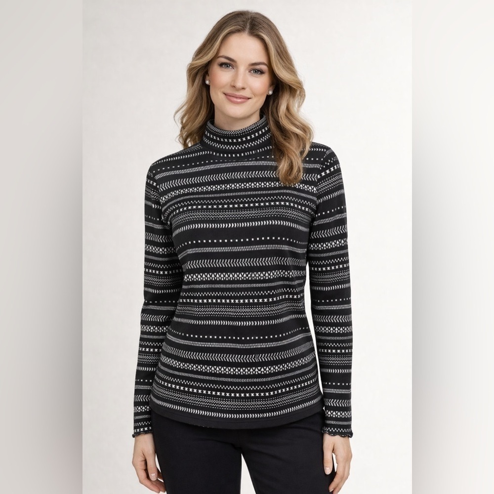 LOFT Outlet Black & White Geometric Mock Neck Long Sleeve Top – Size S